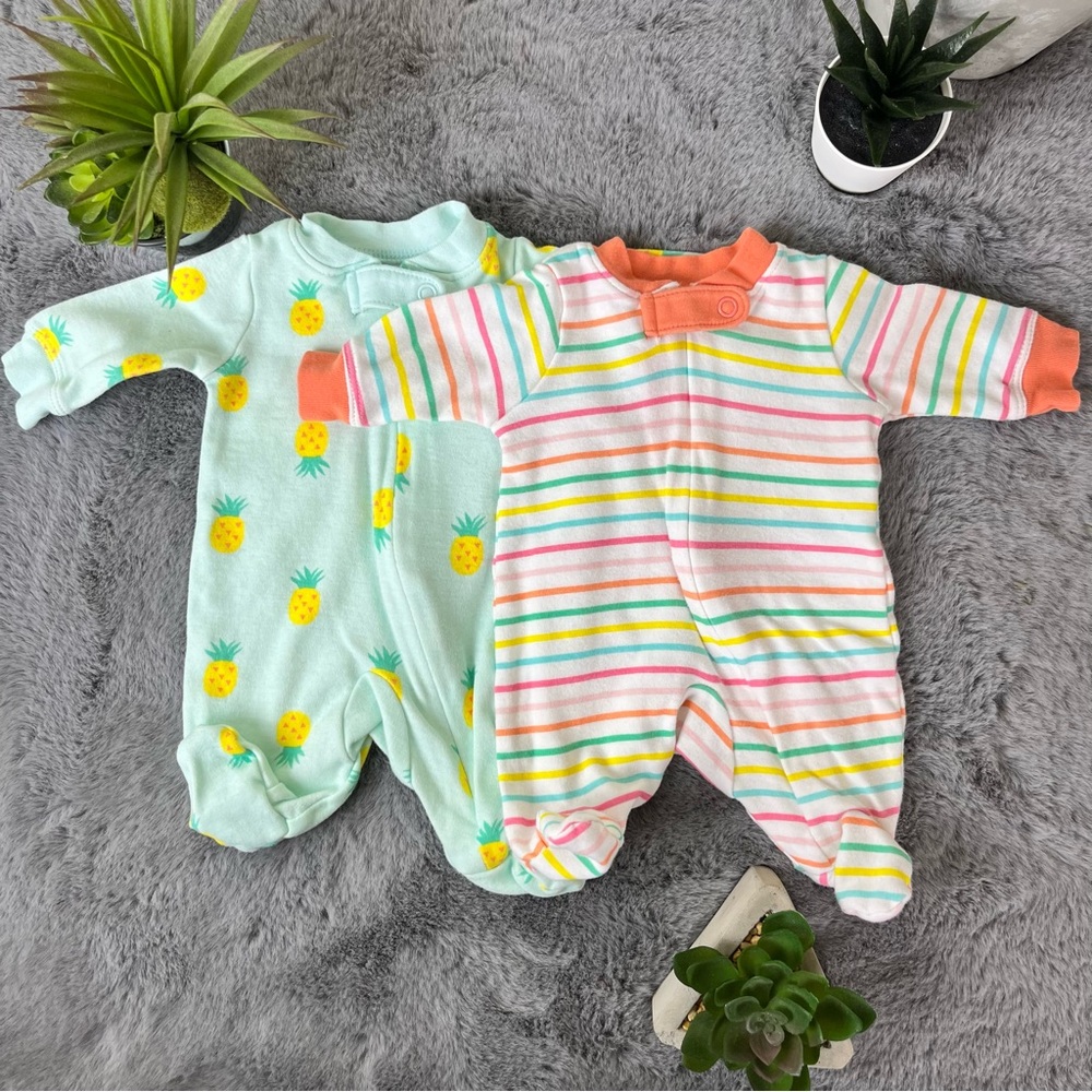 2 NWOT Preemie Amazon Essentials Sleepers - stripes and pineapple 🍍